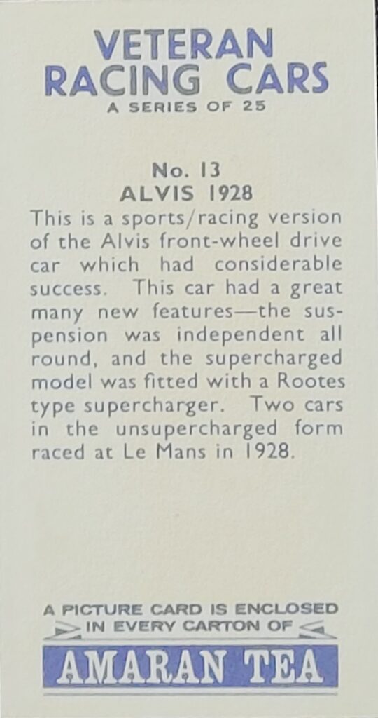 
1965 Amaran Tea (UK) Veteran Racing Cars Card #13 Alvis