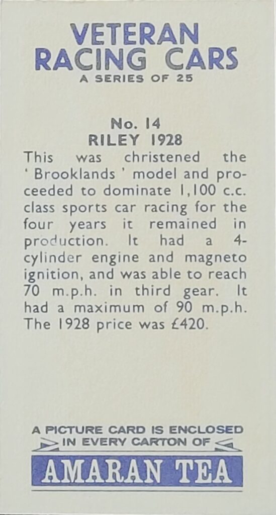 1965 Amaran Tea (UK) Veteran Racing Cars Card #14 Riley