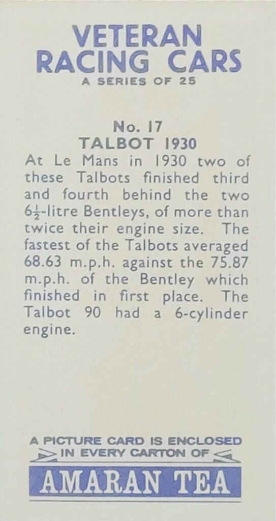 1965 Amaran Tea (UK) Veteran Racing Cars Card #17 Talbot 1930