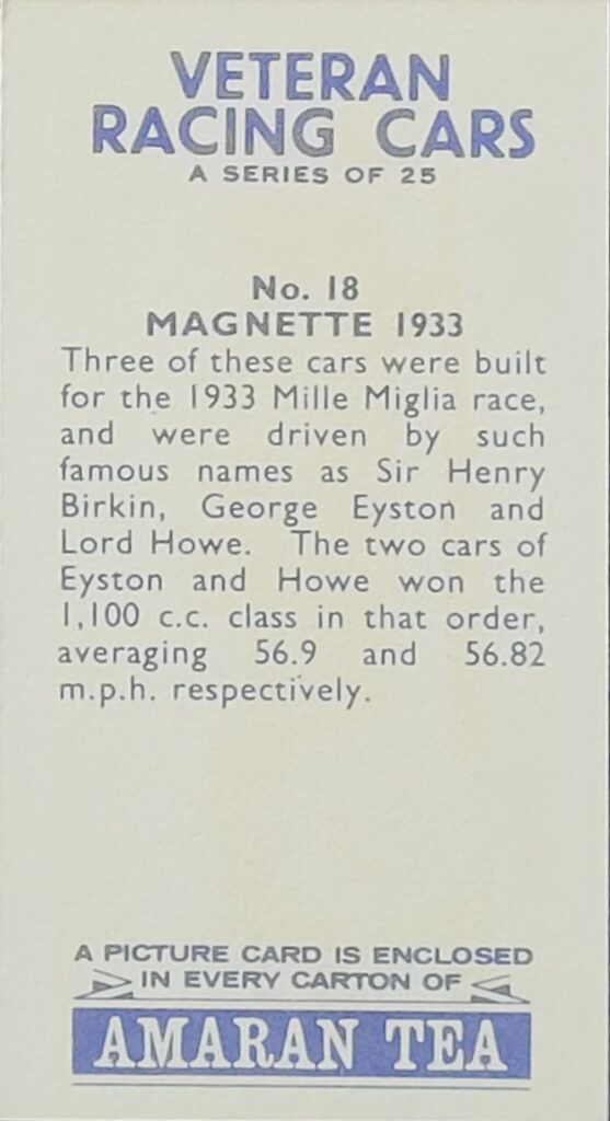1965 Amaran Tea (UK) Veteran Racing Cars Card #18 Magnette 1933