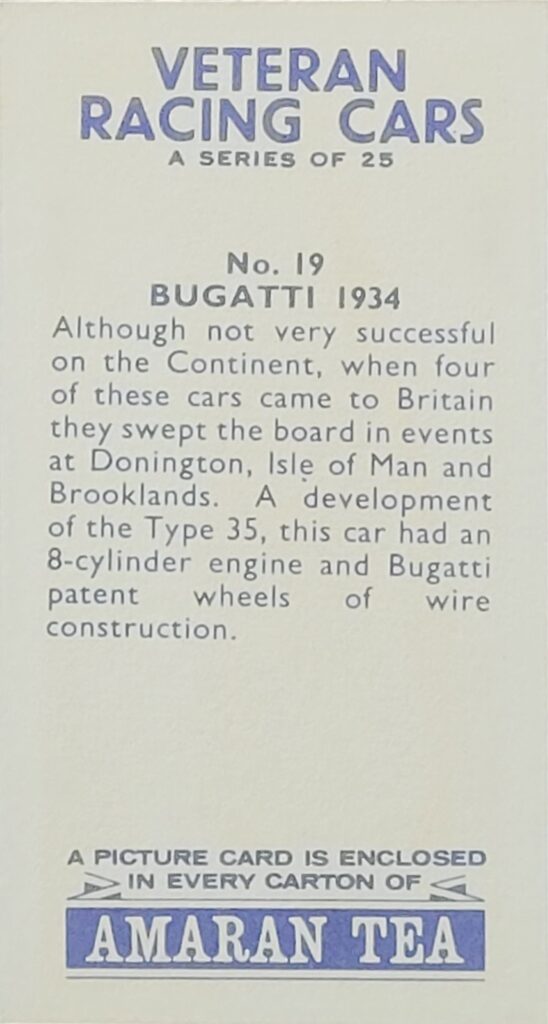 1965 Amaran Tea (UK) Veteran Racing Cars Card #19 Bugatti