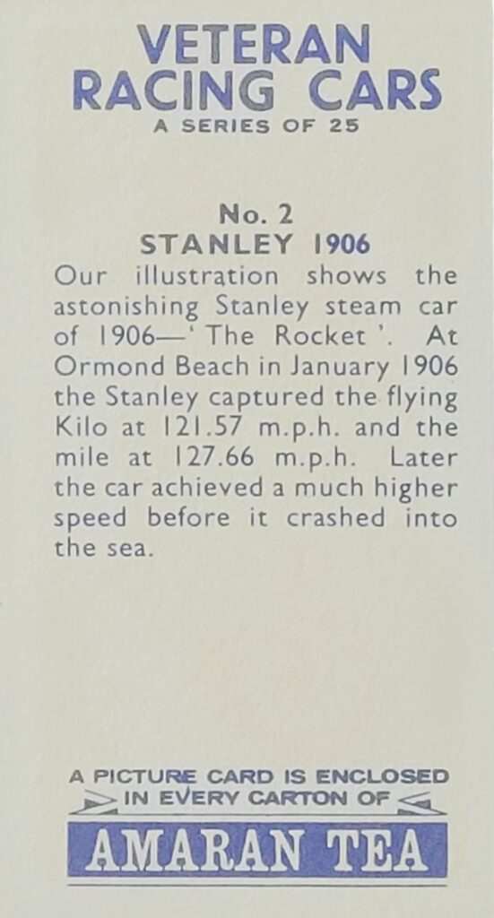 1965 Amaran Tea (UK) Veteran Racing Cars Card #2 Stanley