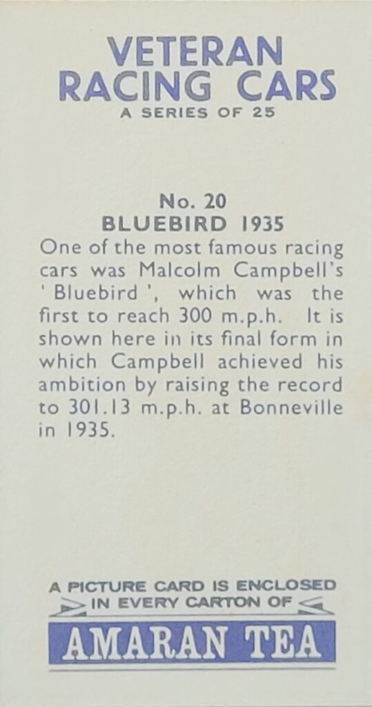 1965 Amaran Tea (UK) Veteran Racing Cars Card #20 Bluebird