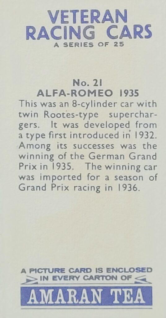 1965 Amaran Tea (UK) Veteran Racing Cars Card #21 Alfa-Romeo