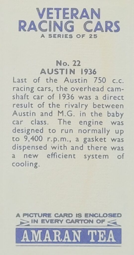 1965 Amaran Tea (UK) Veteran Racing Cars Card #22 Austin