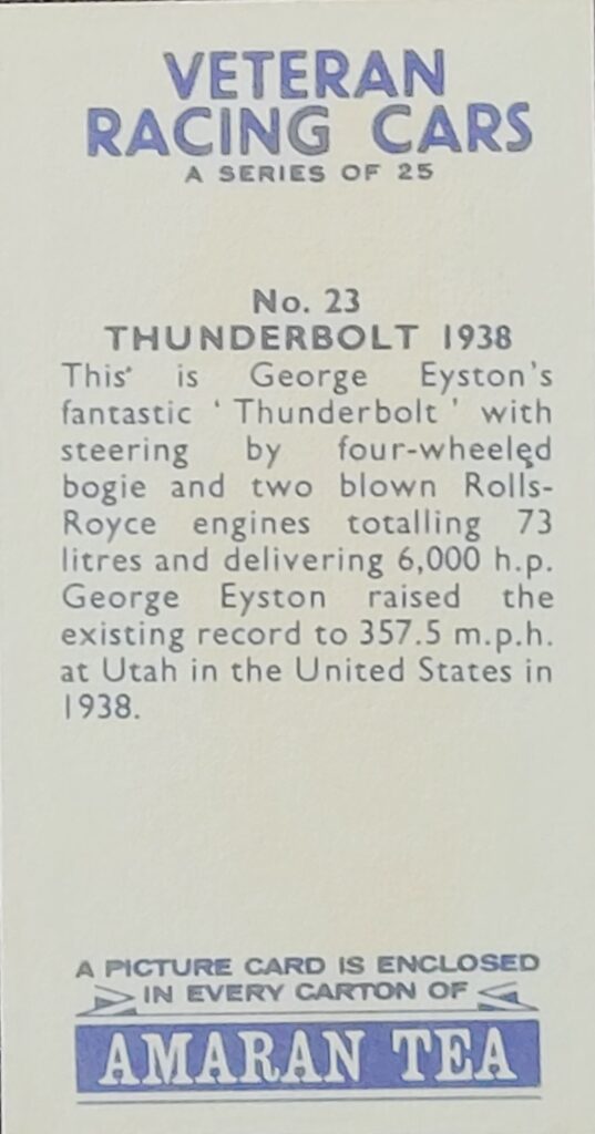 1965 Amaran Tea (UK) Veteran Racing Cars Card #23 Thunderbolt