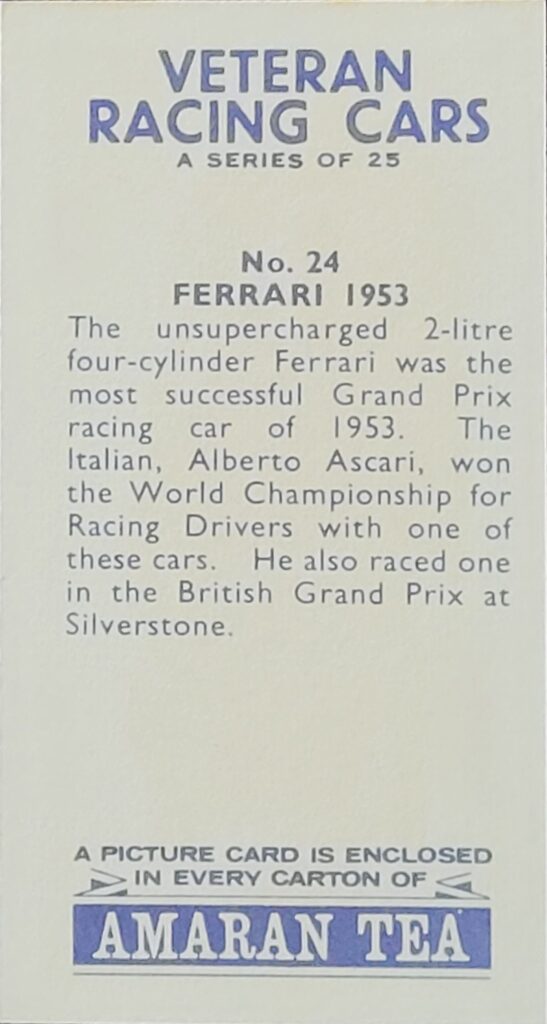 1965 Amaran Tea (UK) Veteran Racing Cars Card #24 Ferrari