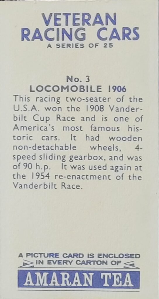 1965 Amaran Tea (UK) Veteran Racing Cars Card #3 Locomobile