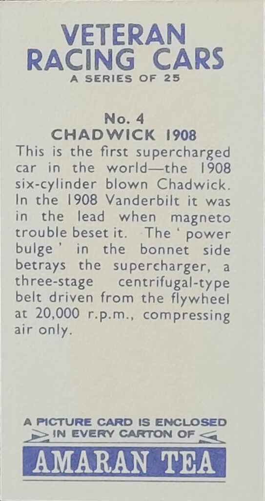 1965 Amaran Tea (UK) Veteran Racing Cars Card #4 Chadwick