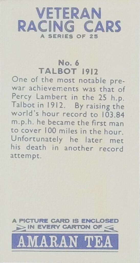 1965 Amaran Tea (UK) Veteran Racing Cars Card #6 Talbot