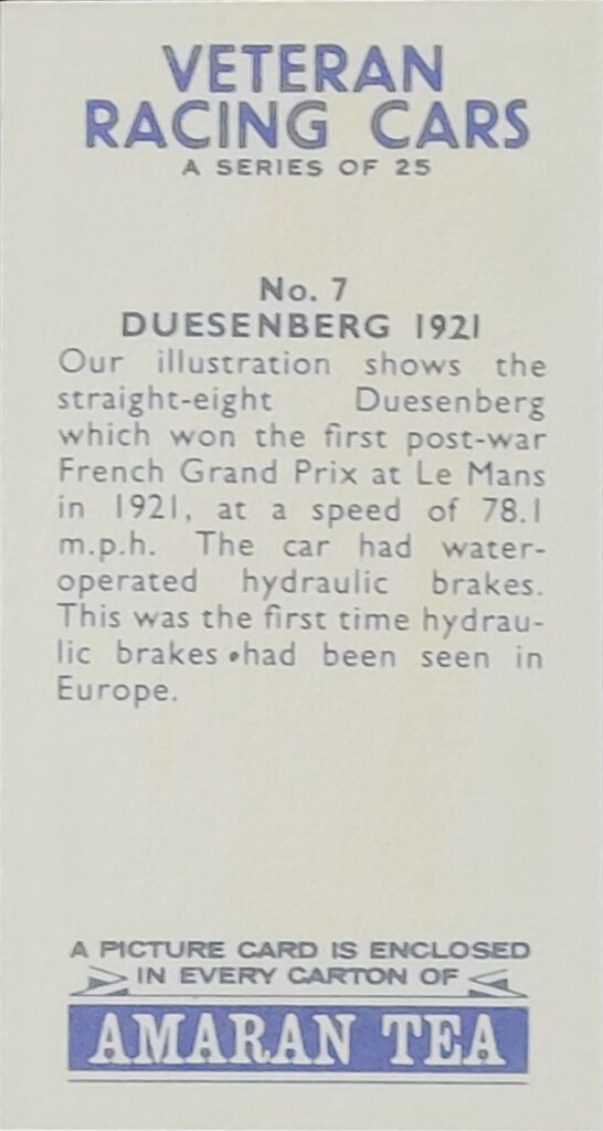 1965 Amaran Tea (UK) Veteran Racing Cars Card #7 Duesenberg