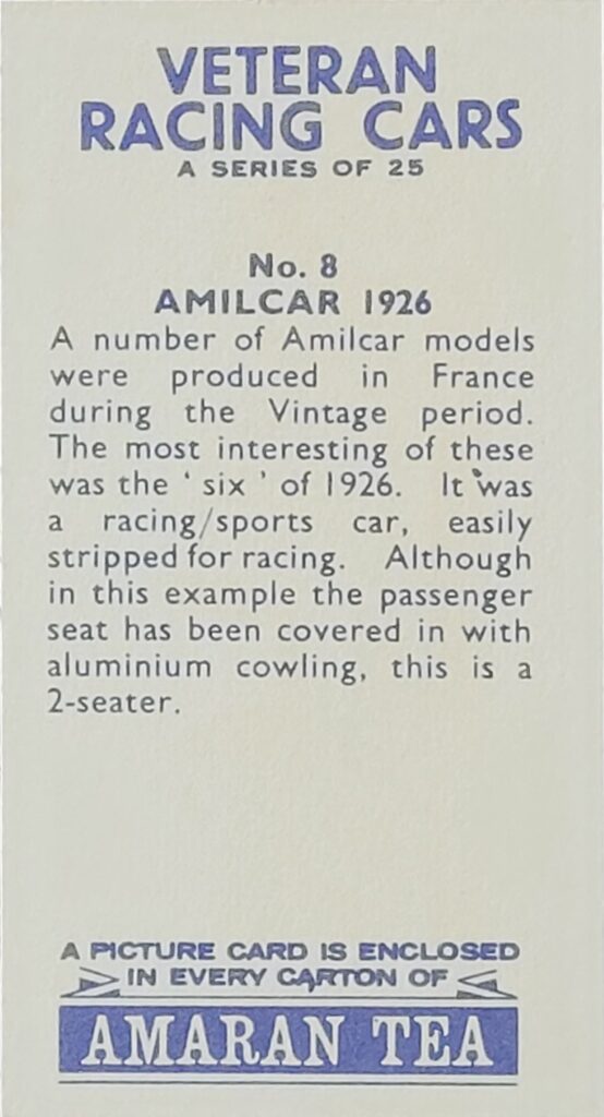 1965 Amaran Tea (UK) Veteran Racing Cars Card #8 Amilcar