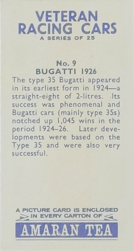 1965 Amaran Tea (UK) Veteran Racing Cars Card #9 Bugatti
