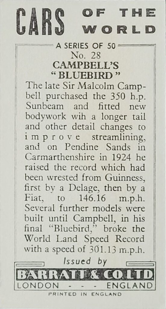 1965 Barratt (UK) "Cars of the World" 
Card #28 Campbell's "Bluebird" 