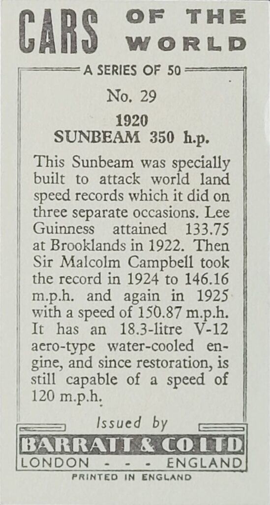 1965 Barratt (UK) "Cars of the World" 
Card #29 1920 Sunbeam 350 h.p.