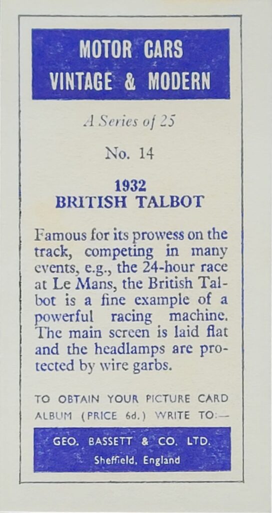1968 Geo. Bassett & Co. (UK) 
"Motor Cars Vintage & Modern" 
Card #14 1922 British Talbot