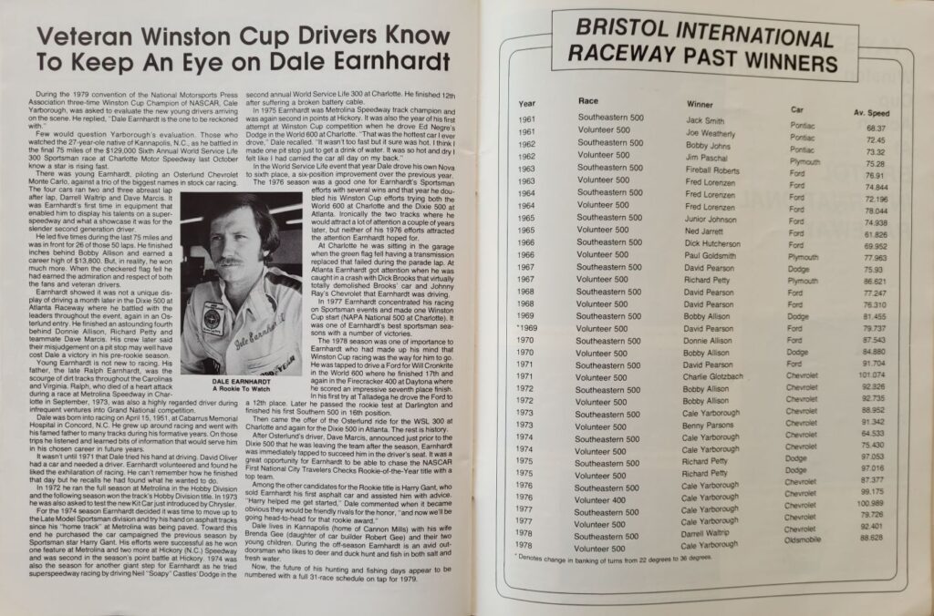 1979 NASCAR Bristol Southeastern 500 Program Dale Earnhardt