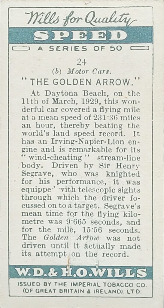 1930 W.D. & H.O. Wills (UK) "Speed" - Card #24 "The Golden Arrow"