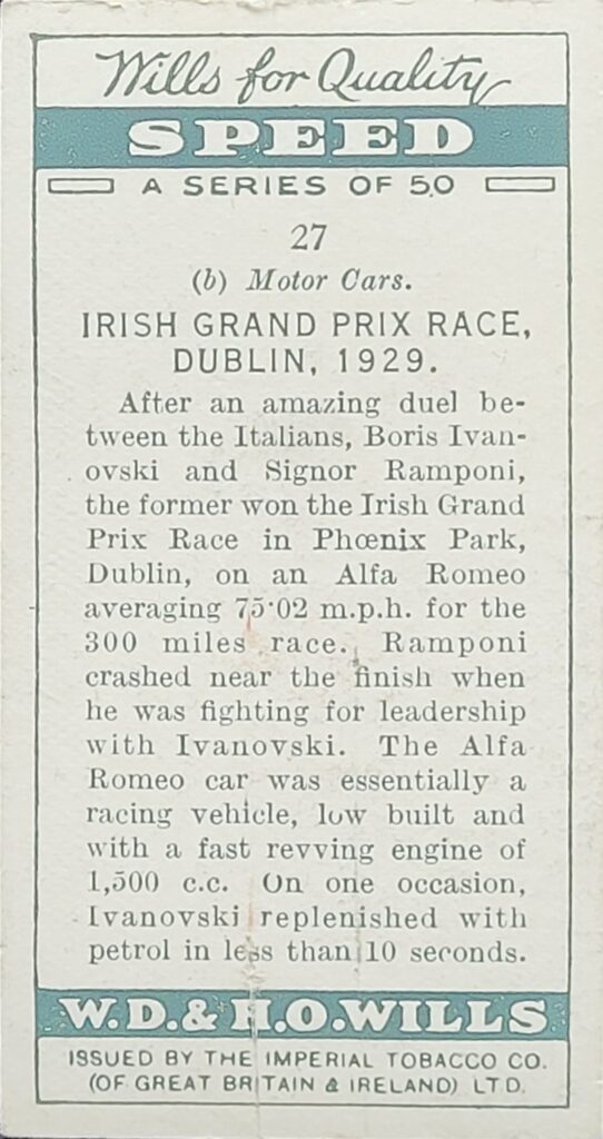 1930 W.D. & H.O. Wills (UK) "Speed" - Card #27 Irish Grand Prix Race Dublin, 1929 