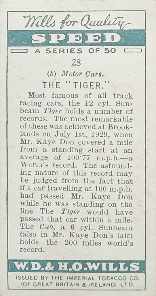 1930 W.D. & H.O. Wills (UK) "Speed" - Card #28 The "Tiger"
