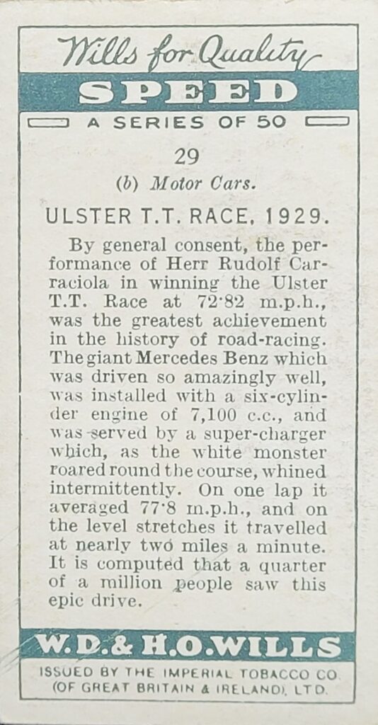 1930 W.D. & H.O. Wills (UK) "Speed" - Card #29 Ulster T.T. Race Caracciola 