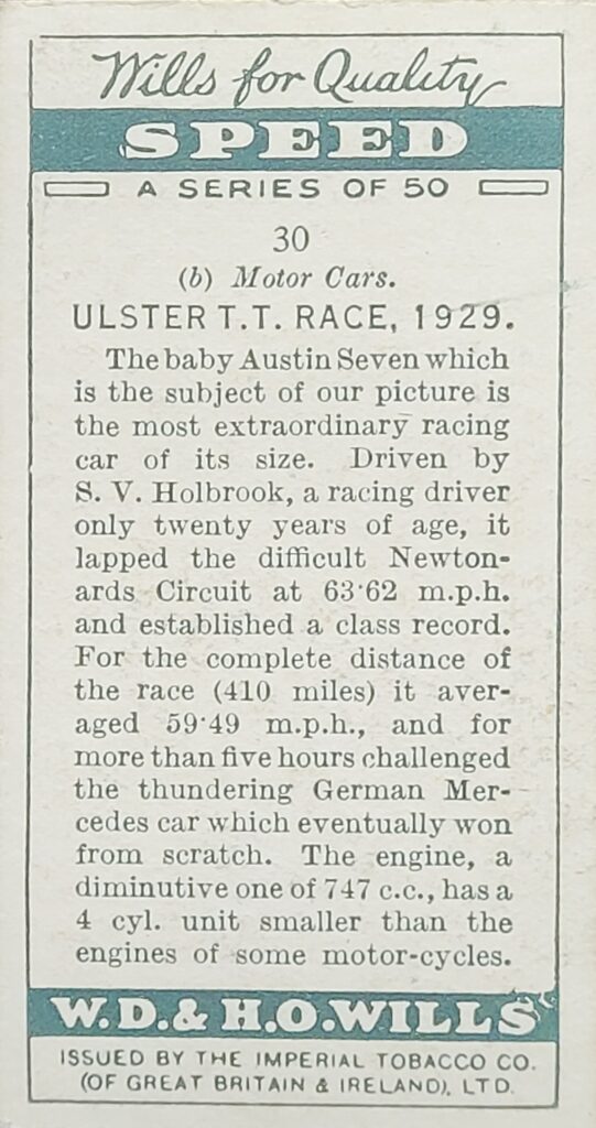 1930 W.D. & H.O. Wills (UK) "Speed" - Card #30 Ulster T.T. Race Holbrook 