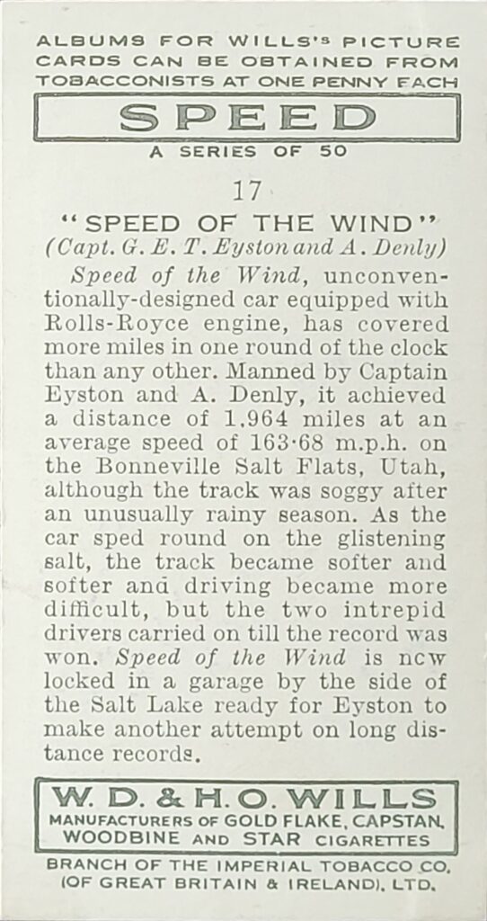1938 W.D. & H.O. Wills "Speed" 
Card #17 Speed of the Wind 