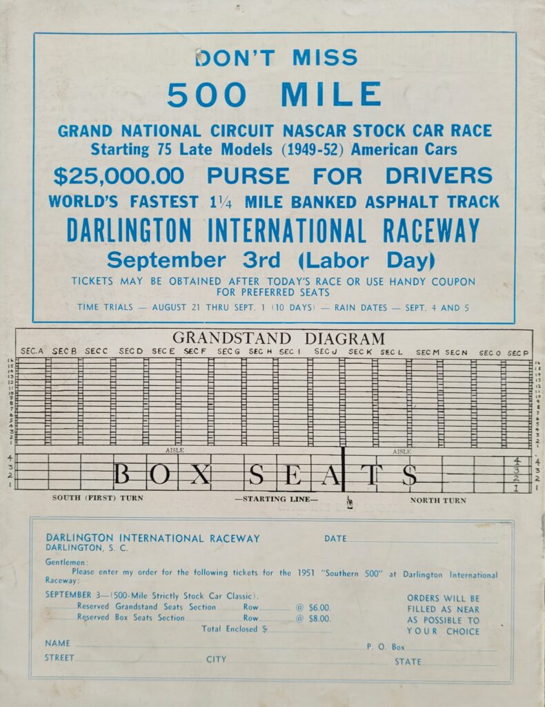 1951 AAA Darlington National Championship 250 Program Back Cover