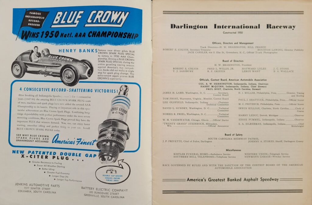 1951 AAA Darlington National Championship 250 Program - Darlington Officials