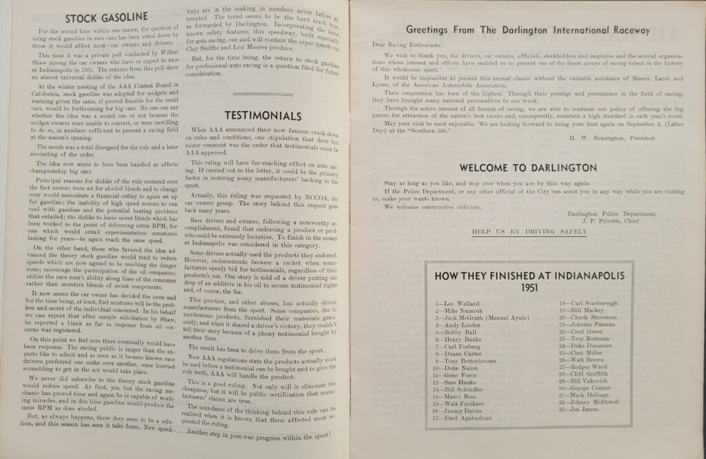 1951 AAA Darlington National Championship 250 Program - Darlington Welcome