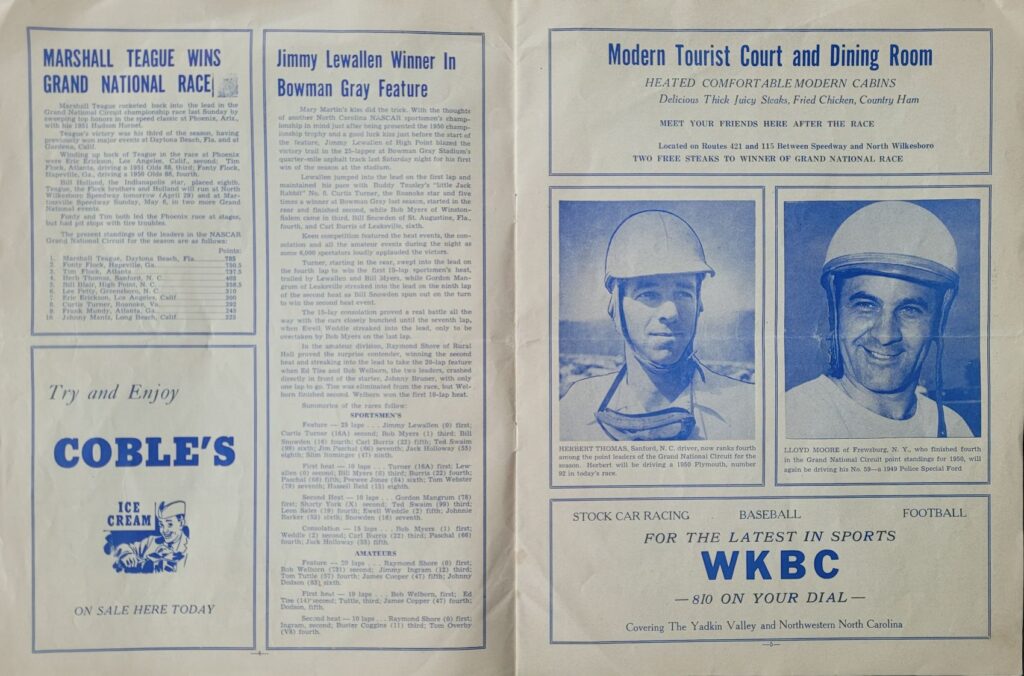 1951 NASCAR North Wilkesboro Spring Program - Bowman Gray Results