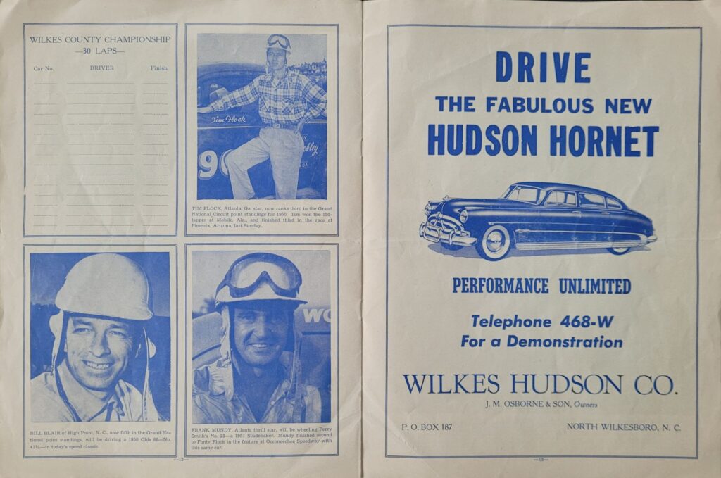 1951 NASCAR North Wilkesboro Spring Program - Hudson Hornet Ad