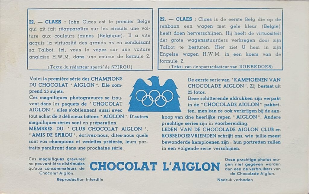 1952 Chocolat D'Aiglon 
"Champions Du Chocolat" 
Claes Card #22 