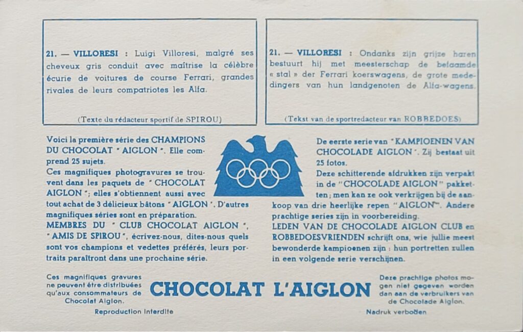 1952 Chocolat D'Aiglon 
"Champions Du Chocolat"
 Villoresi Card #21 