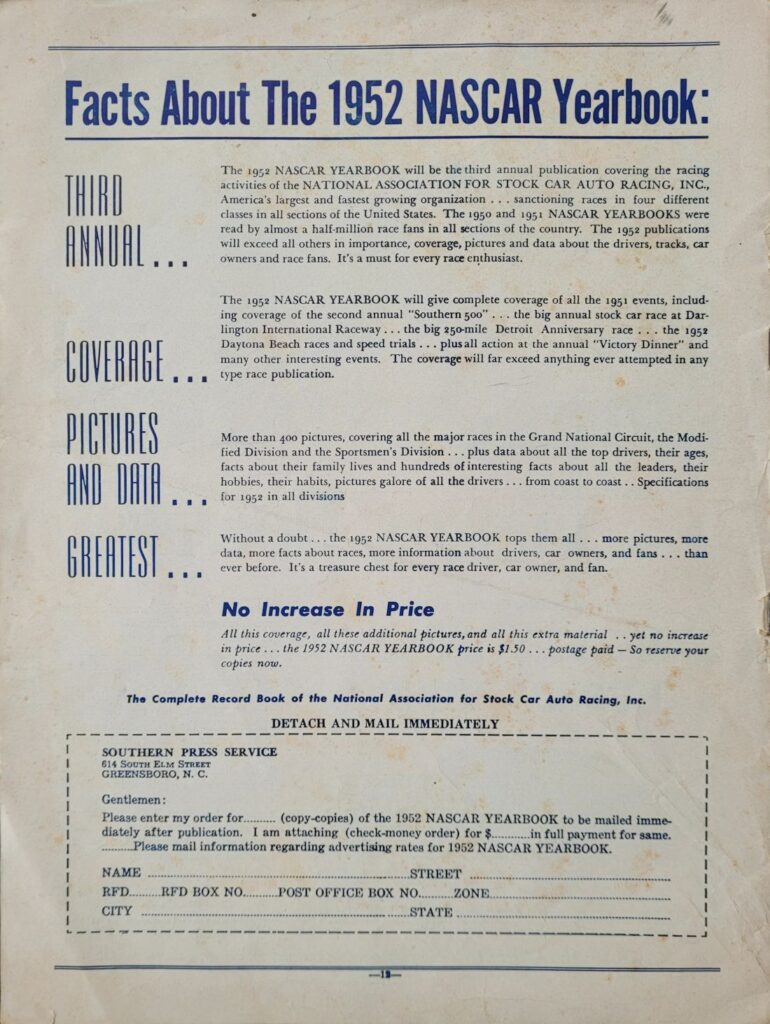 1952 NASCAR North Wilkesboro Spring Program Back Cover
