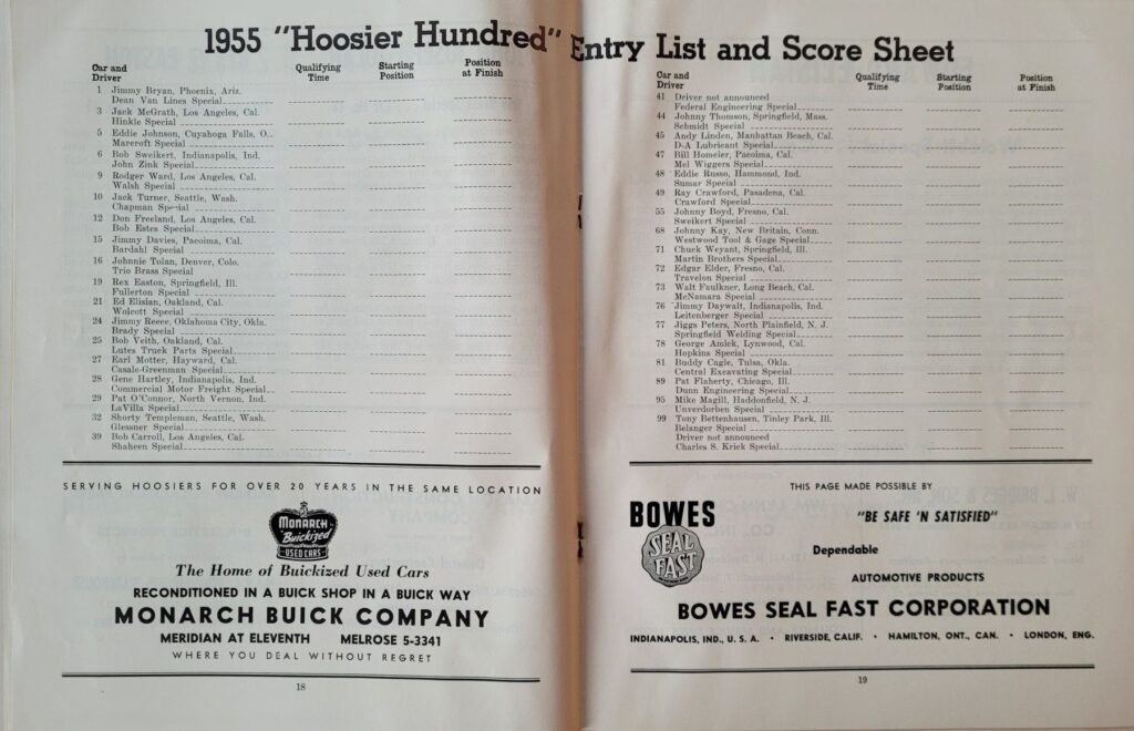 1955 AAA Indiana State Fairgrounds Hoosier 100 Program Pages 18-19.