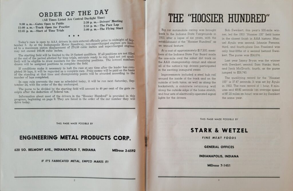 1955 AAA Indiana State Fairgrounds Hoosier 100 Program Pages 2-3.
