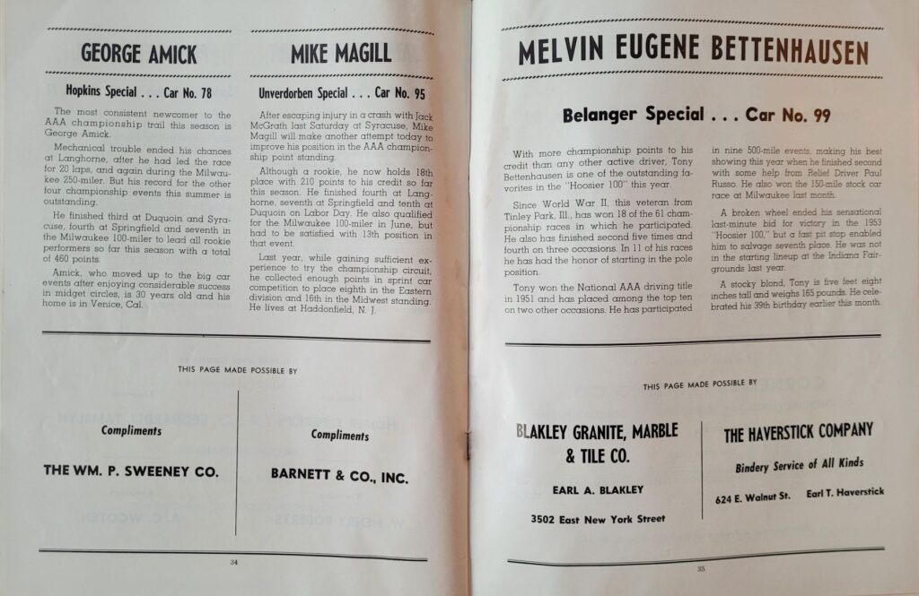 1955 AAA Indiana State Fairgrounds Hoosier 100 Program Pages 34-35.