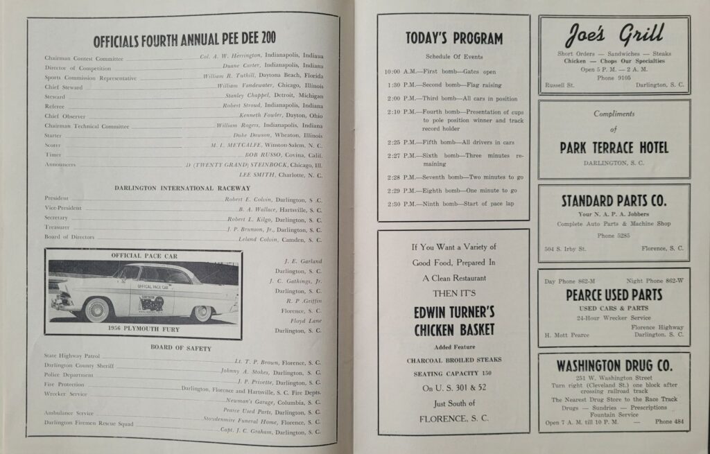 1956 USAC Darlington Pee Dee 200 Program - Event Schedule
