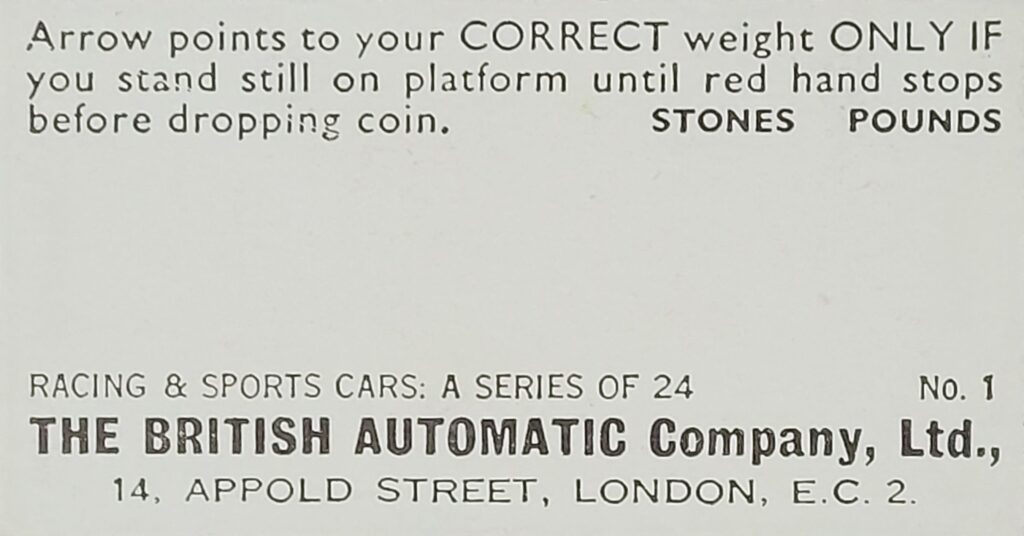 1957 British Automatic 
"Racing and Sports Cars"
Back of Card