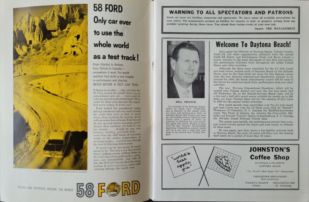 1958 NASCAR Daytona Beach & Road Course Program - Welcome