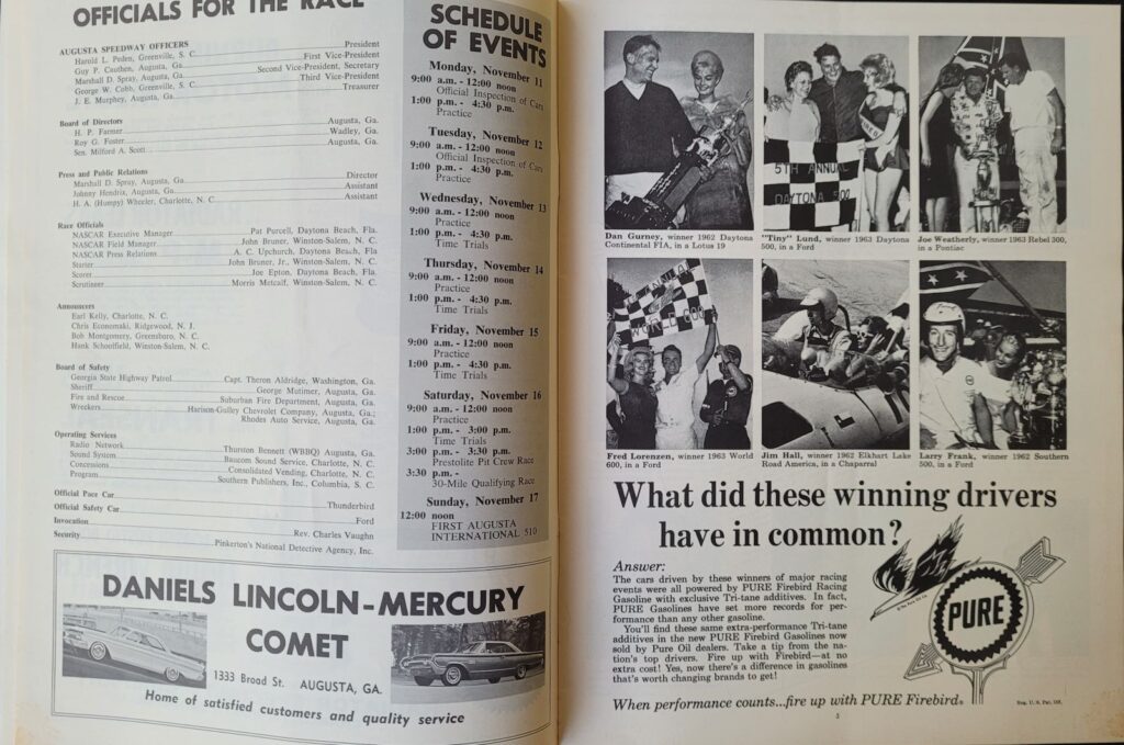 1963 NASCAR Augusta 510 Program - Event Schedule