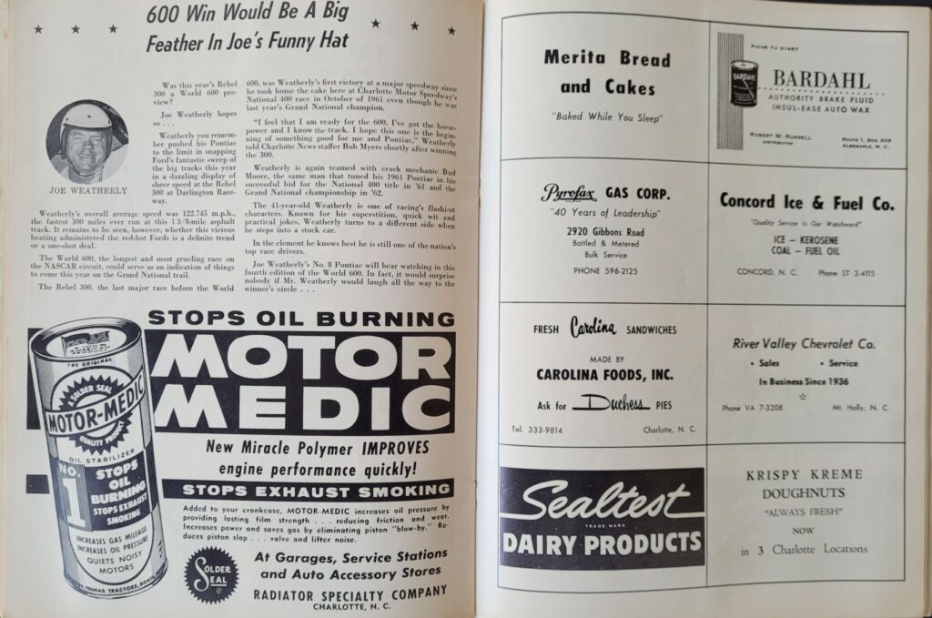 1963 NASCAR Charlotte World 600 Program - Joe Weatherly