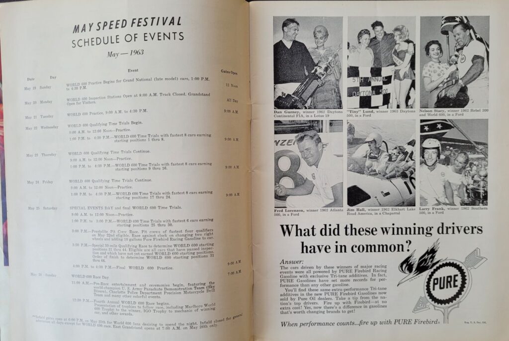 1963 NASCAR Charlotte World 600 Program - Schedule of Events