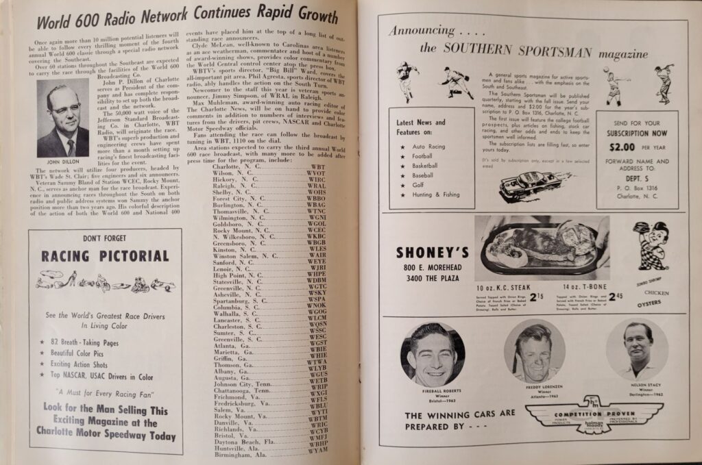 1963 NASCAR Charlotte World 600 Program - World 600 Radio Network