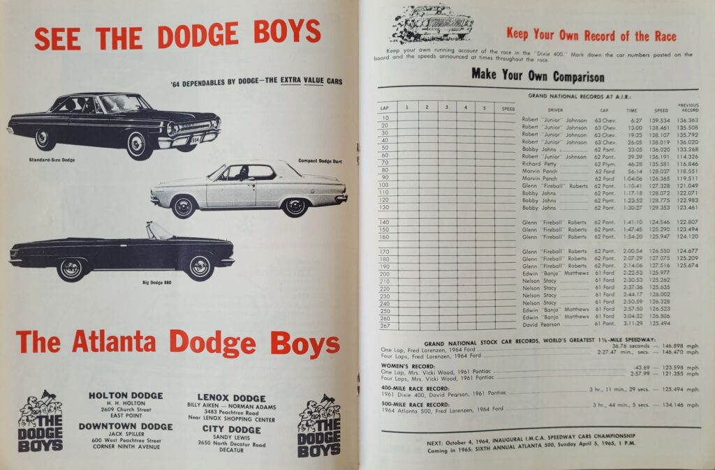 1964 NASCAR Atlanta Dixie 400 Program - Race Record