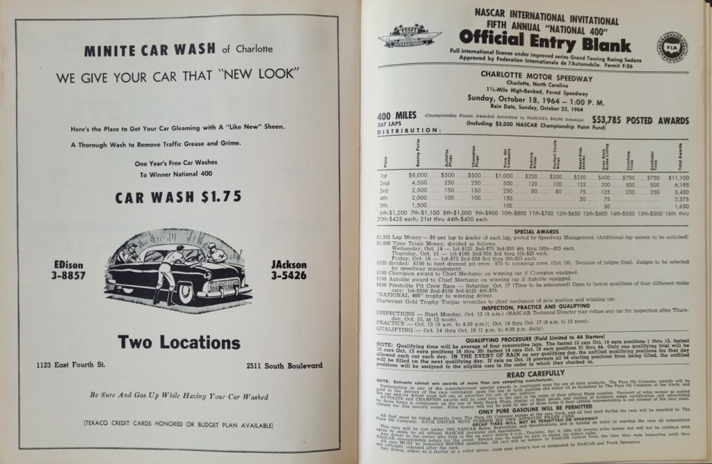1964 NASCAR Charlotte National 400 Program - Official Entry Blank