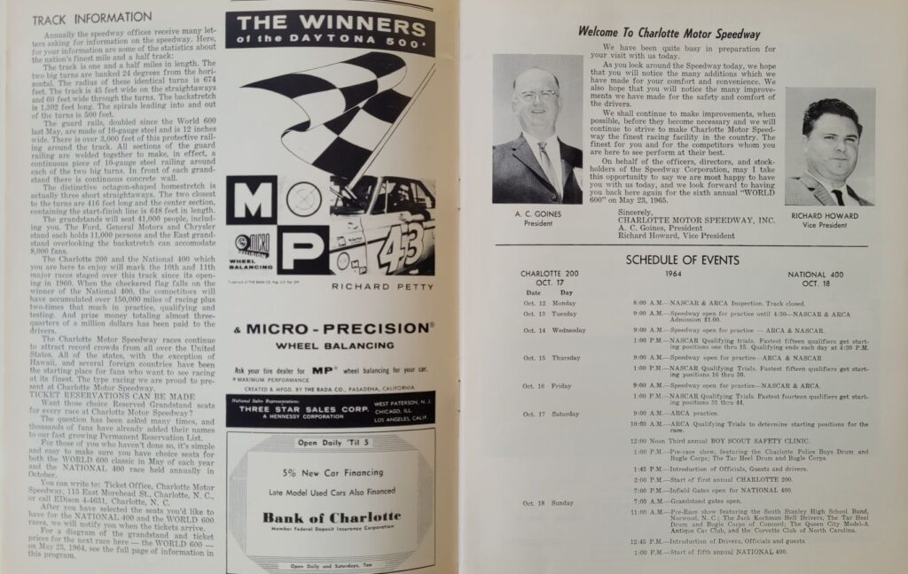 1964 NASCAR Charlotte National 400 Program - Schedule of Events