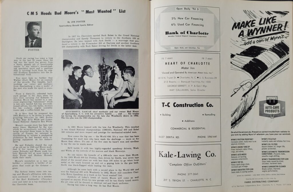 1964 NASCAR Charlotte World 600 Program Bud Moore Article
