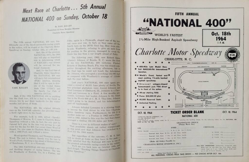 1964 NASCAR Charlotte World 600 Program National 400